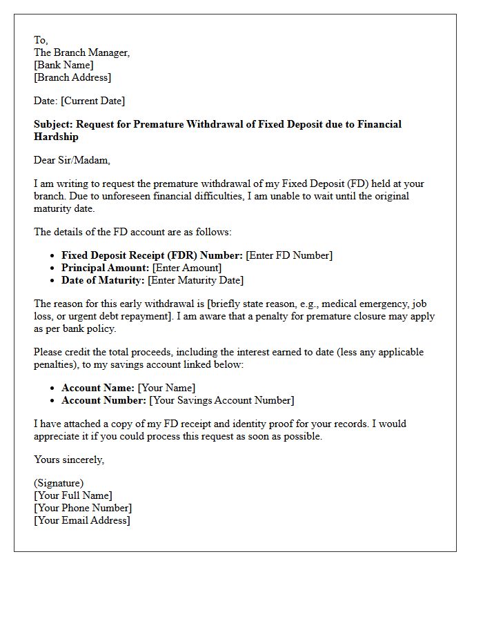 Financial Hardship Fixed Deposit Premature Withdrawal Request Letter