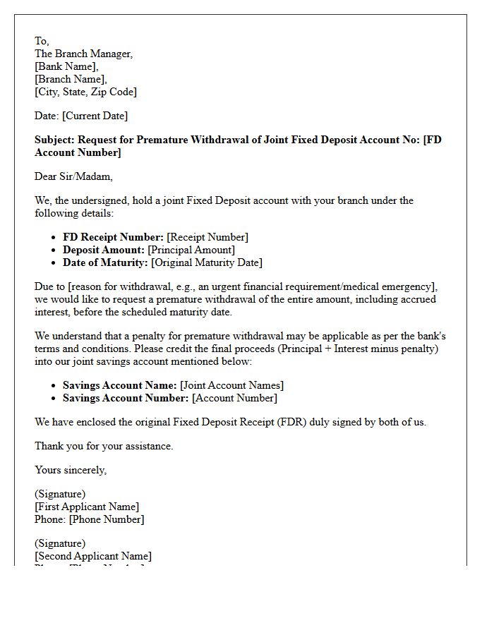Joint Account Fixed Deposit Premature Withdrawal Request Letter