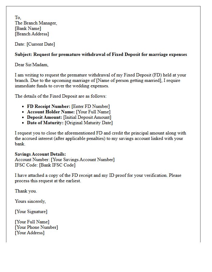 Marriage Expense Fixed Deposit Premature Withdrawal Request Letter
