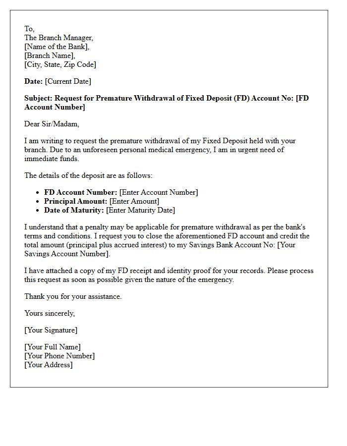 Personal Emergency Fixed Deposit Premature Withdrawal Request Letter