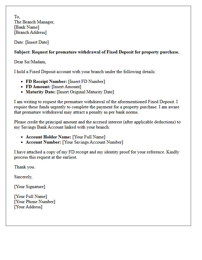 Property Purchase Fixed Deposit Premature Withdrawal Request Letter