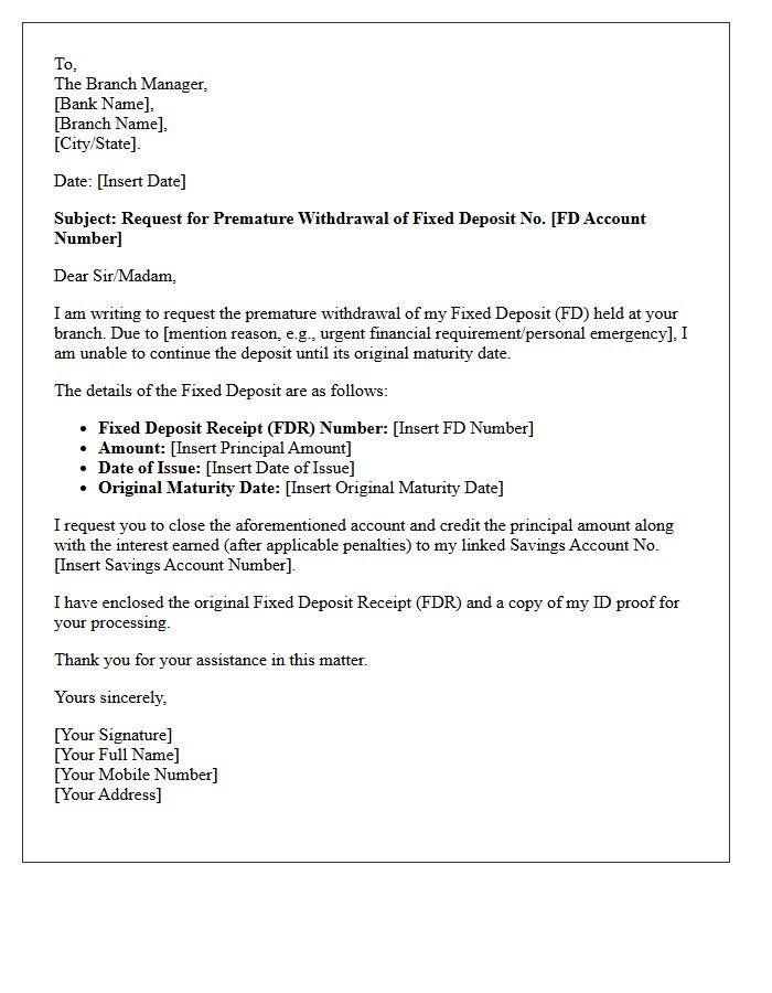 Standard Fixed Deposit Premature Withdrawal Request Letter
