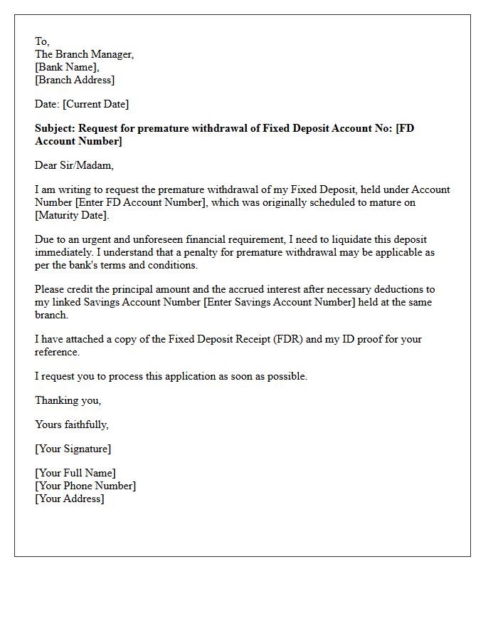Urgent Fund Requirement Fixed Deposit Premature Withdrawal Request Letter