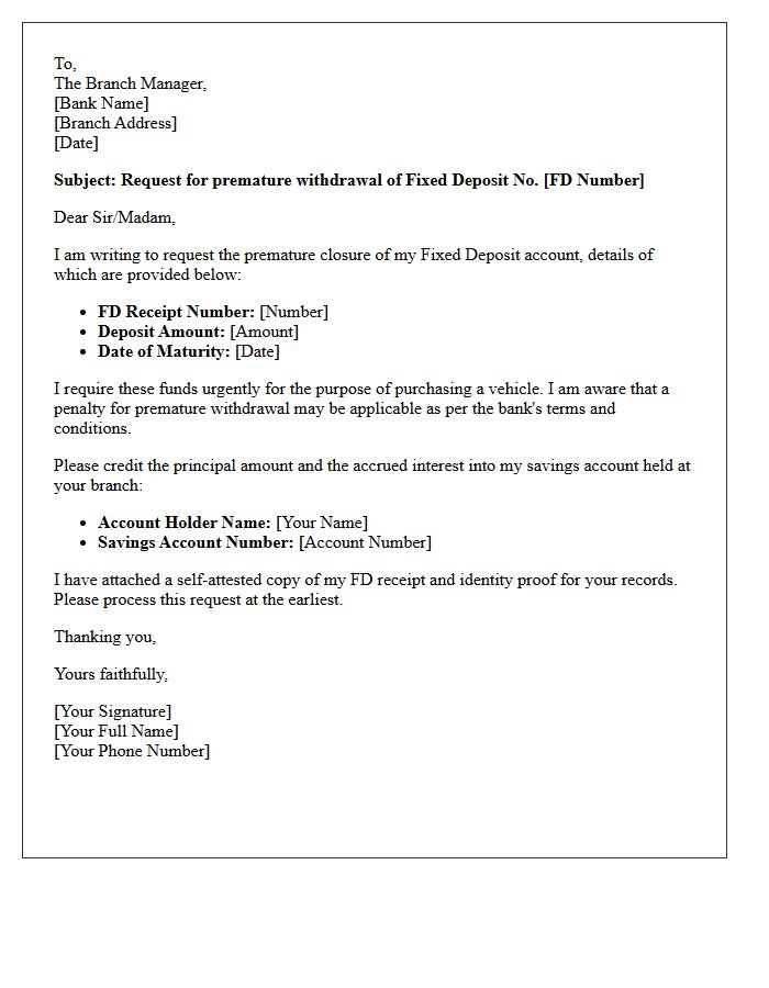 Vehicle Purchase Fixed Deposit Premature Withdrawal Request Letter