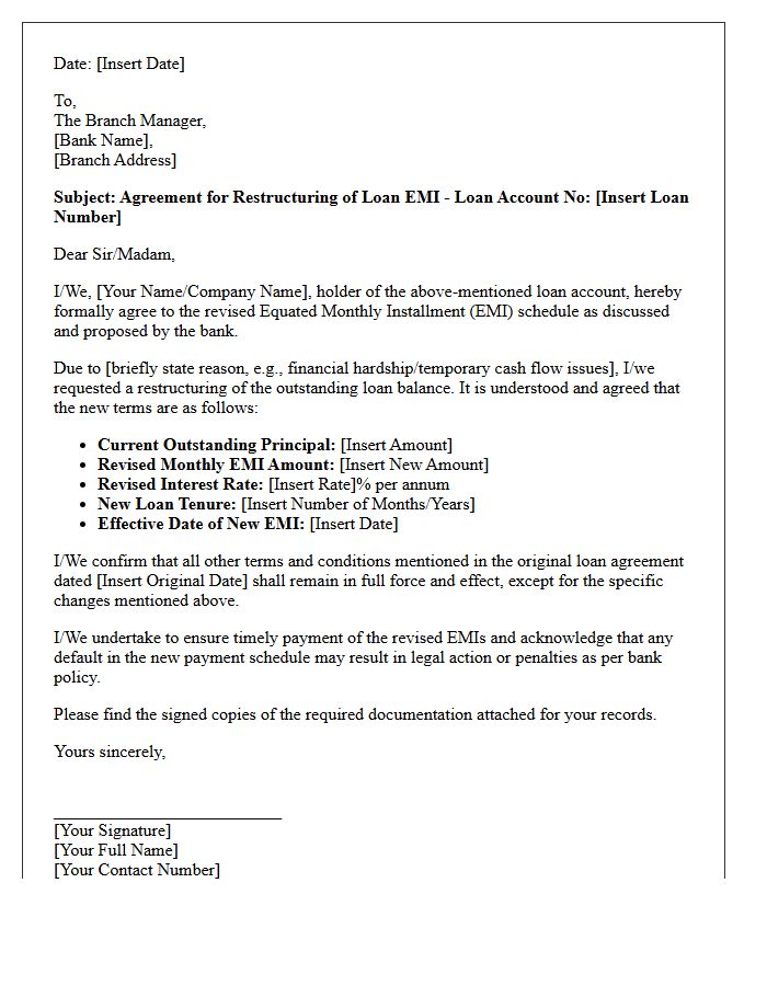 Bank Loan Equated Monthly Installment Restructuring Agreement Letter