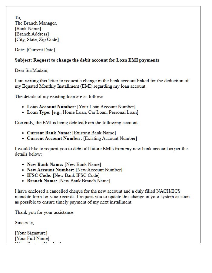 Loan Equated Monthly Installment Debit Account Change Letter