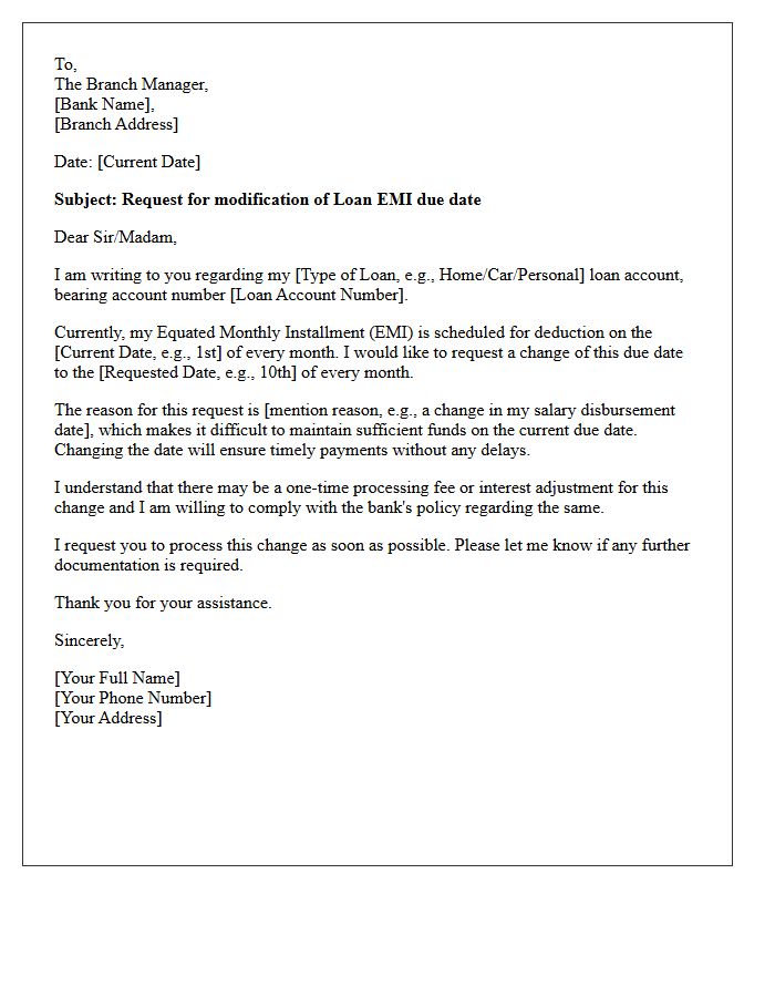 Loan Equated Monthly Installment Due Date Modification Letter
