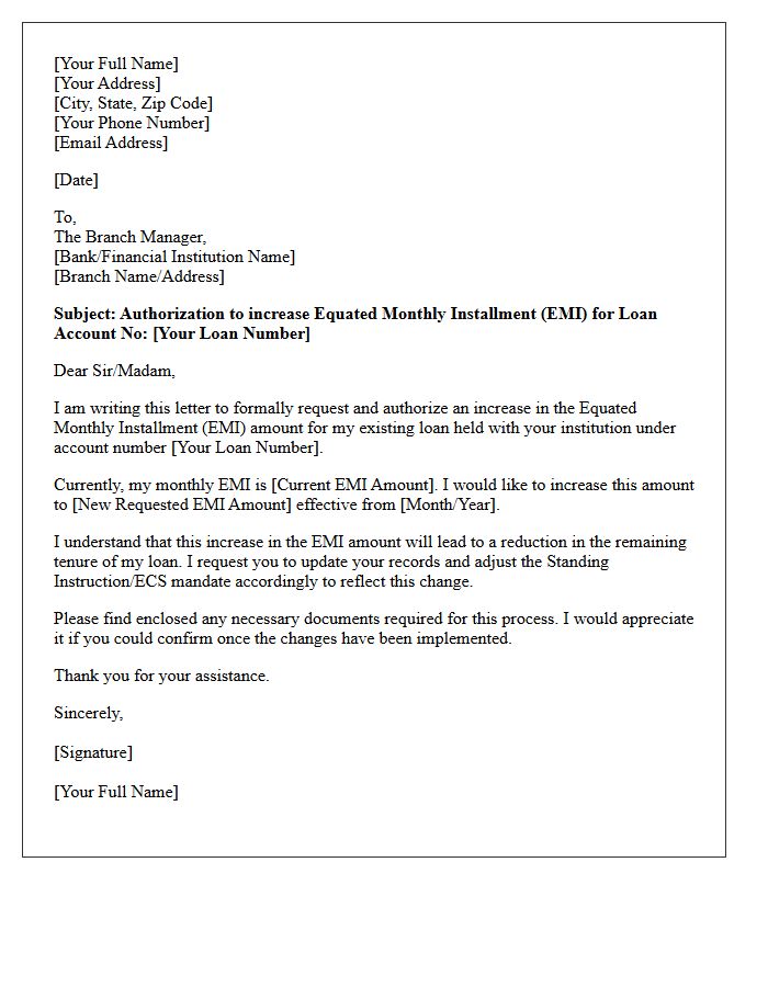 Loan Equated Monthly Installment Increase Authorization Letter