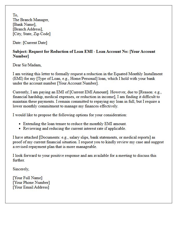 Loan Equated Monthly Installment Reduction Request Letter