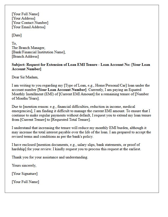 Loan Equated Monthly Installment Tenure Extension Request Letter
