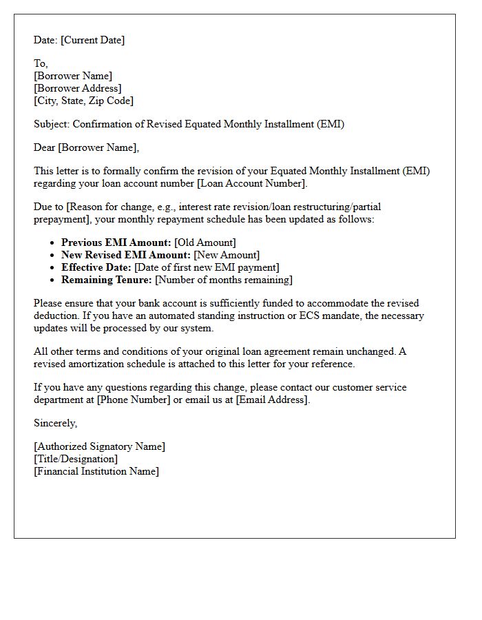 Revised Loan Equated Monthly Installment Confirmation Letter