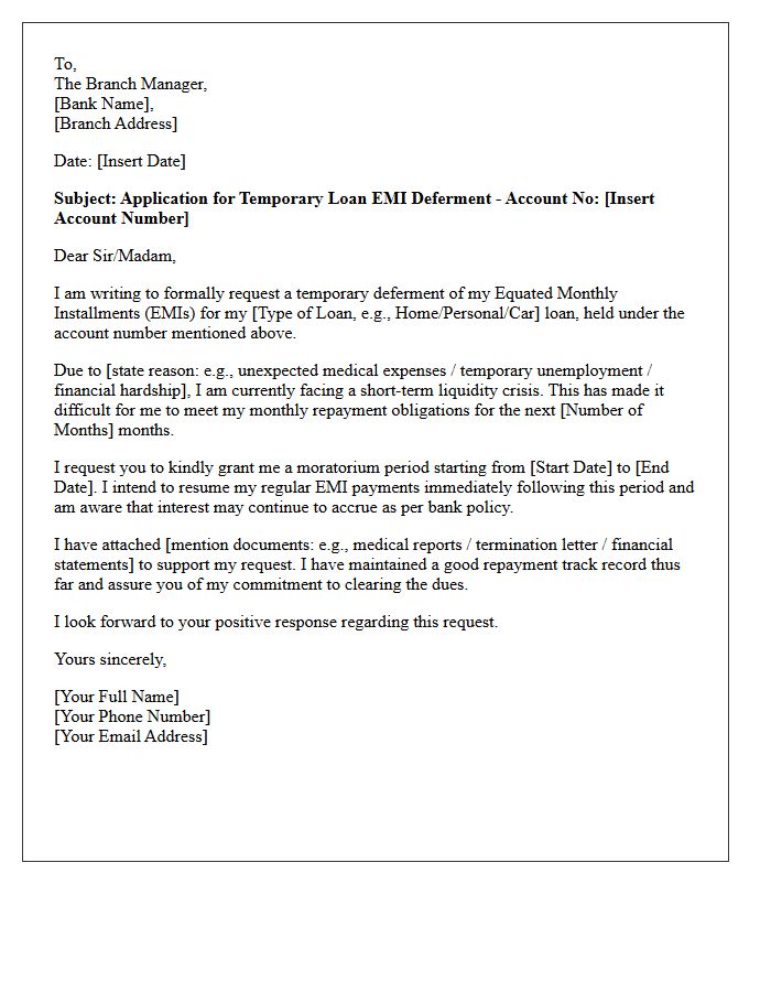 Temporary Loan Equated Monthly Installment Deferment Application Letter