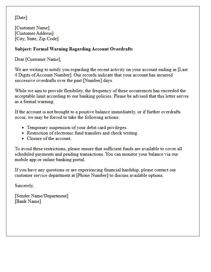 Account Restriction Warning Letter For Successive Overdrafts