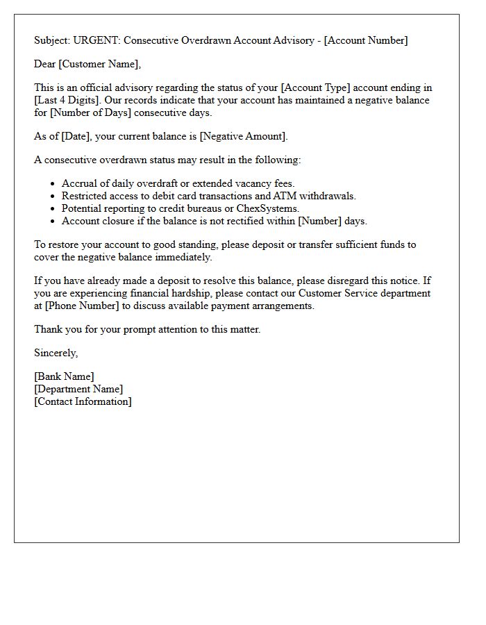 Bank Advisory Letter For Consecutive Overdrawn Account Status