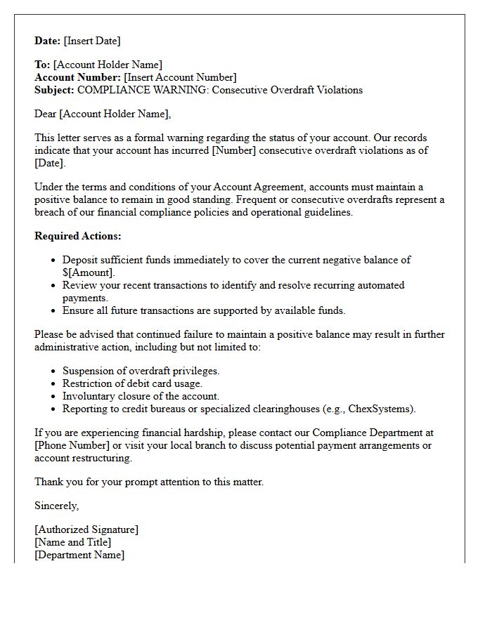Compliance Warning Letter Addressing Consecutive Overdraft Violations