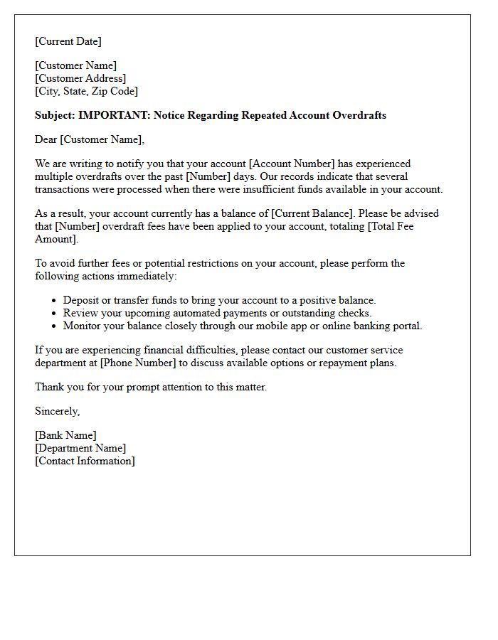 Customer Alert Letter For Repeated Bank Account Overdrafts