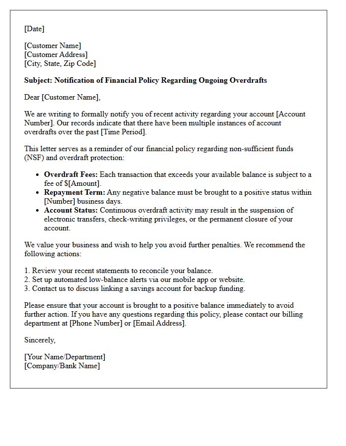 Financial Policy Letter Regarding Ongoing Overdraft Instances