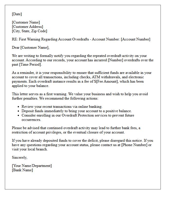 First Warning Letter Regarding Repeated Account Overdrafts