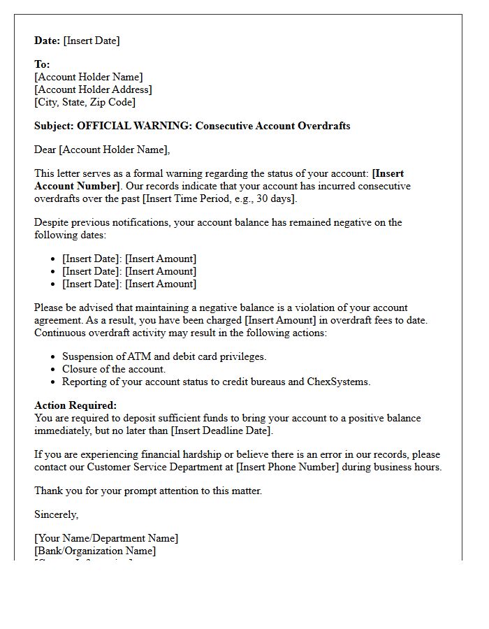 Official Warning Letter For Consecutive Account Overdrafts