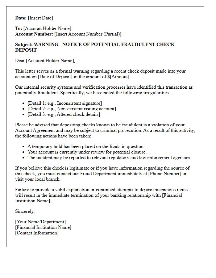 Letter of Warning for Potential Fraudulent Check Deposits