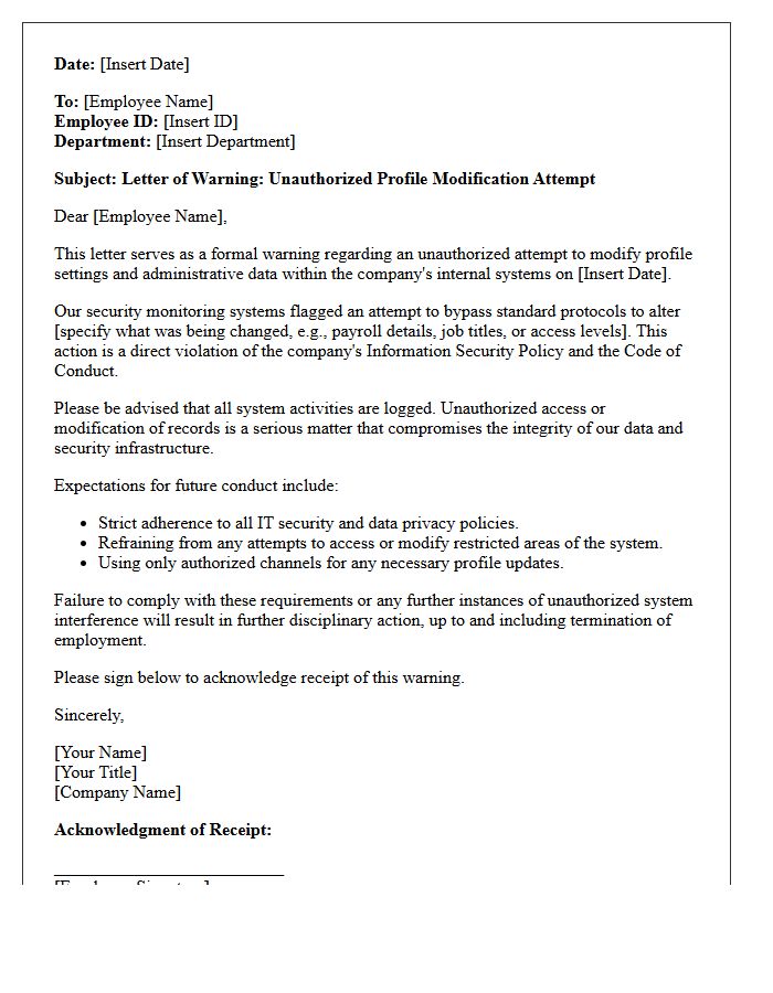 Letter of Warning for Unauthorized Profile Modification Attempts