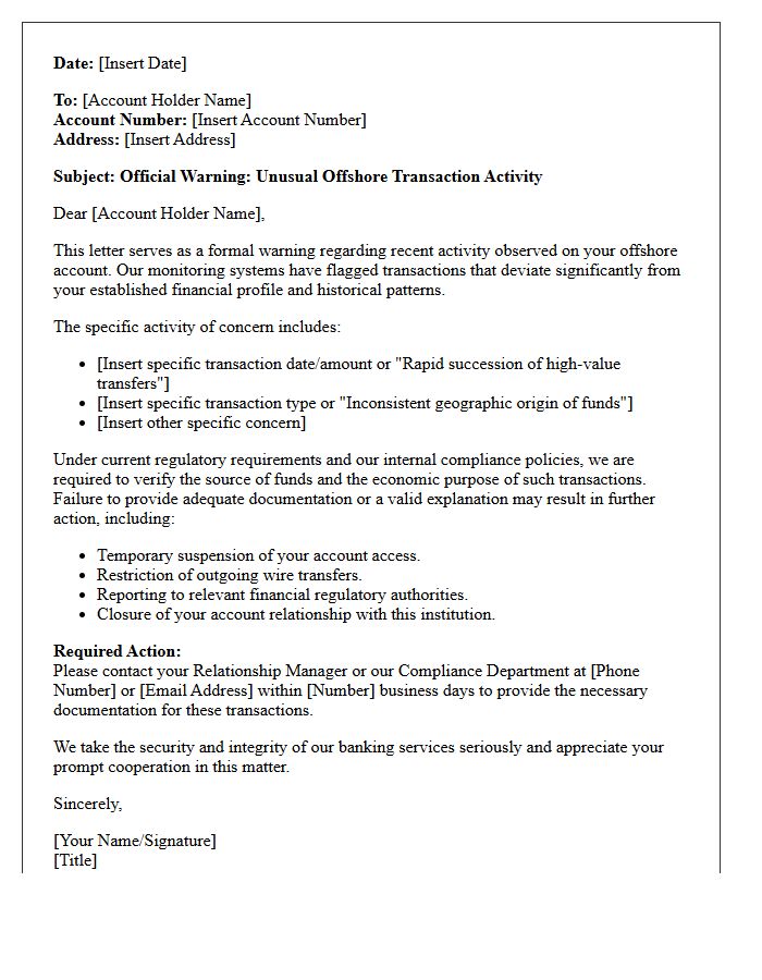 Letter of Warning for Unusual Offshore Account Transactions