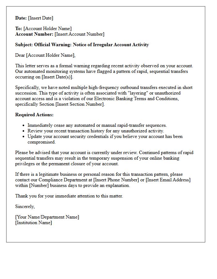 Warning Letter for Rapid Sequential Account Transfers