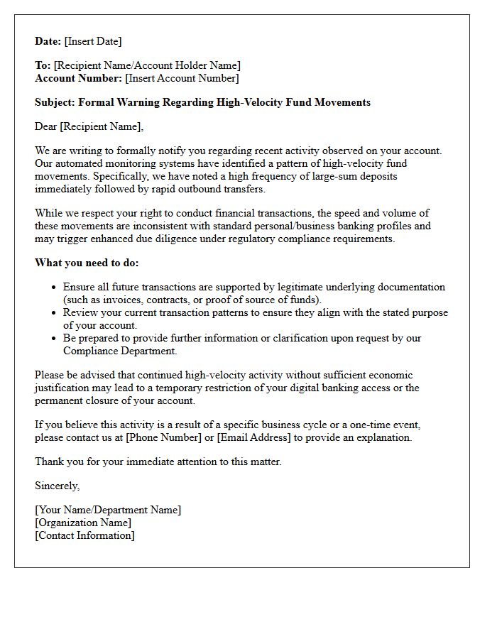 Warning Letter Regarding High-Velocity Fund Movements