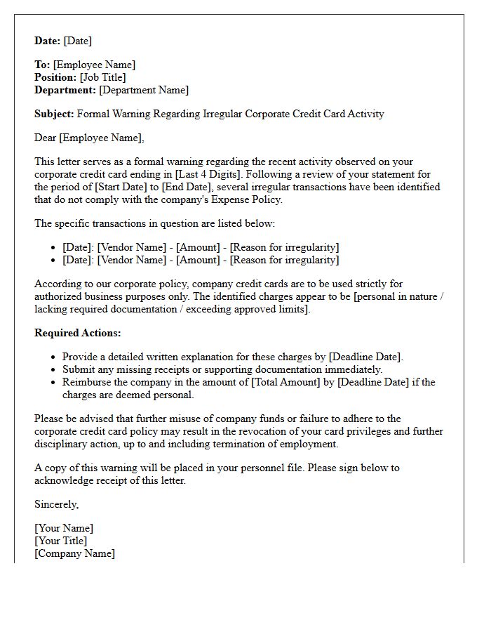 Warning Letter Regarding Irregular Corporate Credit Card Purchases