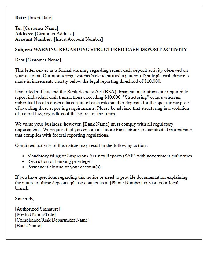 Warning Letter Regarding Structured Cash Deposit Activity