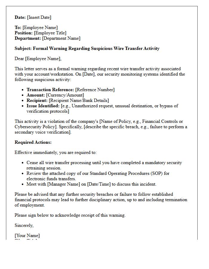 Warning Letter Regarding Suspicious Wire Transfer Activity