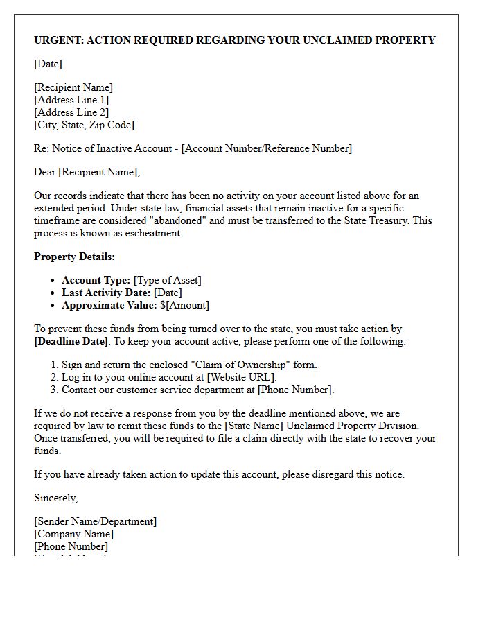 Impending Escheatment Warning Letter for Dormant Funds