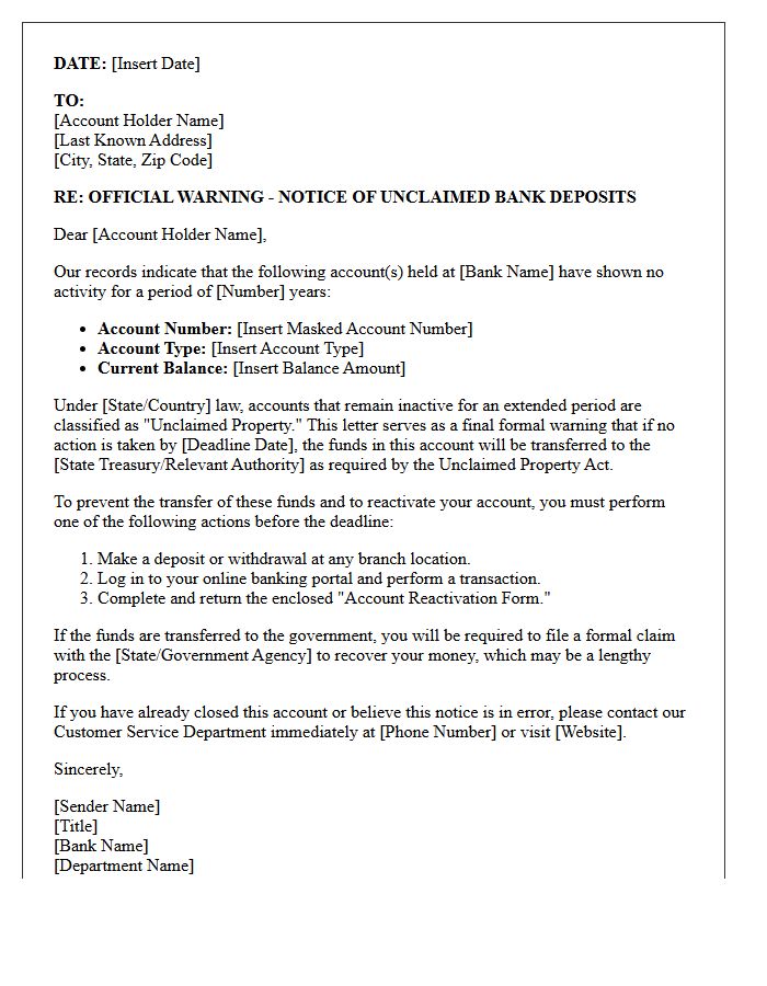 Official Warning Letter for Unclaimed Bank Deposits