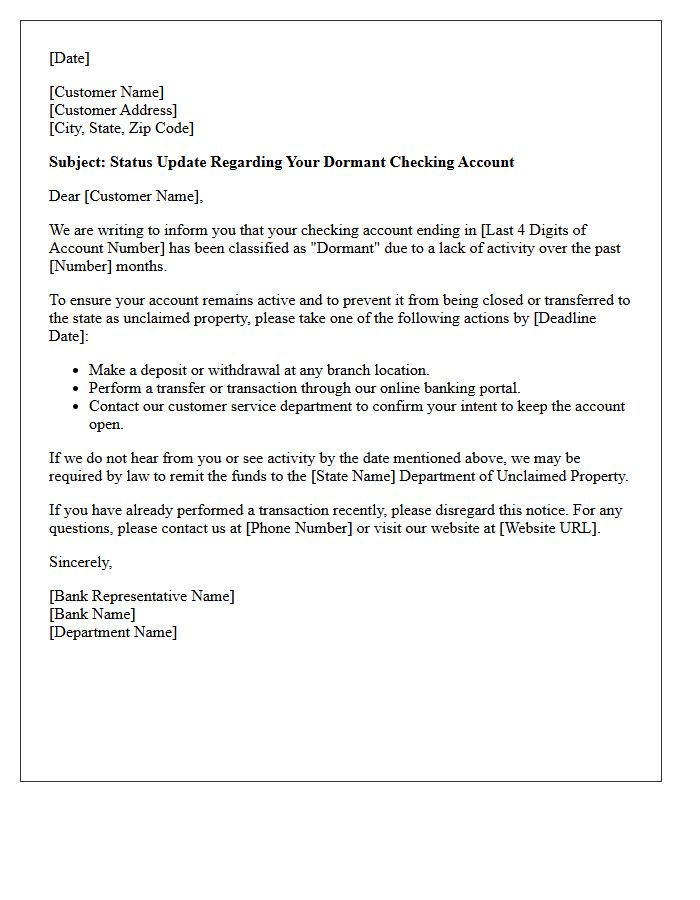 Status Update Letter for Dormant Checking Account