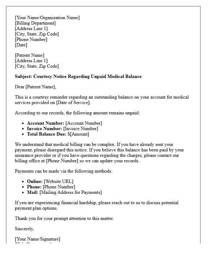 Courtesy Notice Letter for Unpaid Medical Expenses