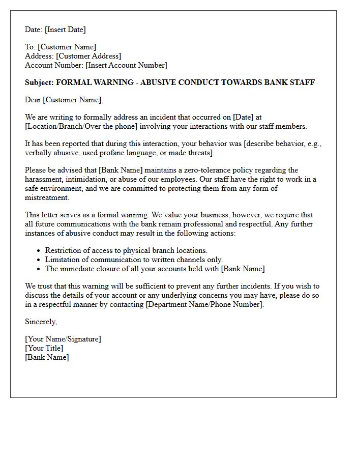 Warning Letter for Abusive Conduct Towards Banking Staff