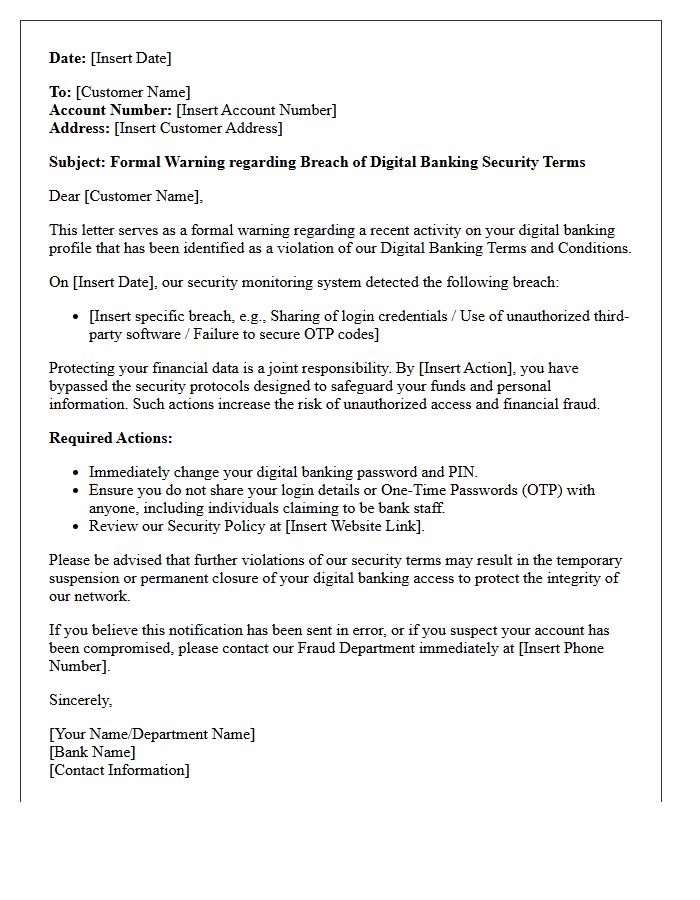 Warning Letter for Breach of Digital Banking Security Terms