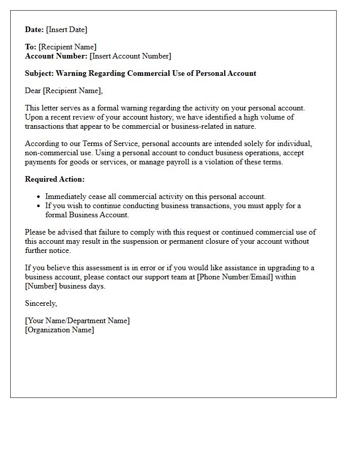 Warning Letter for Commercial Use of Personal Account