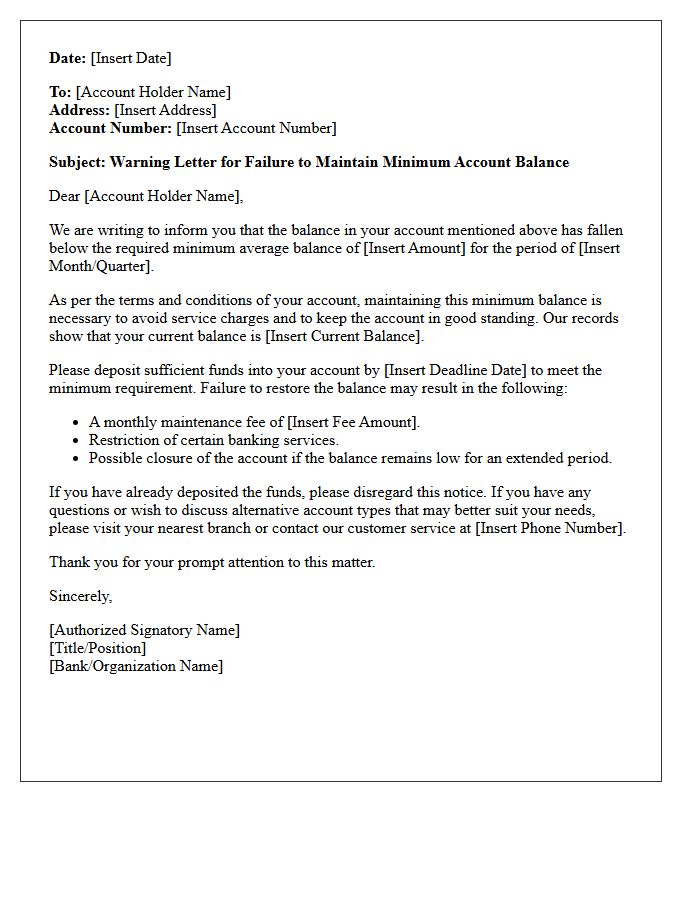 Warning Letter for Failure to Maintain Minimum Account Balance