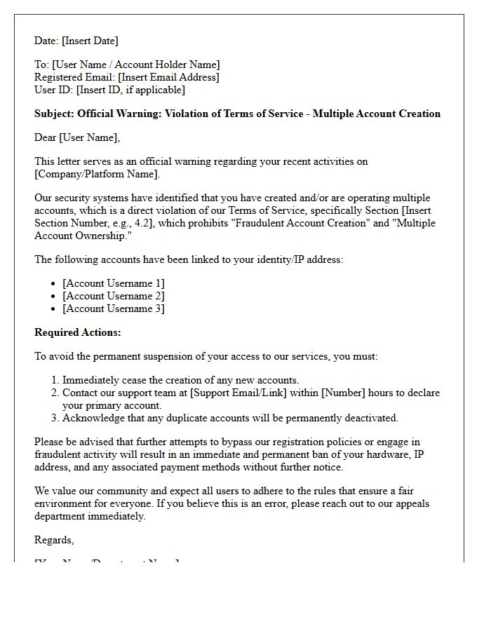 Warning Letter for Fraudulent Multiple Account Creations