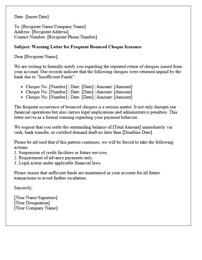Warning Letter for Frequent Bounced Cheque Issuance