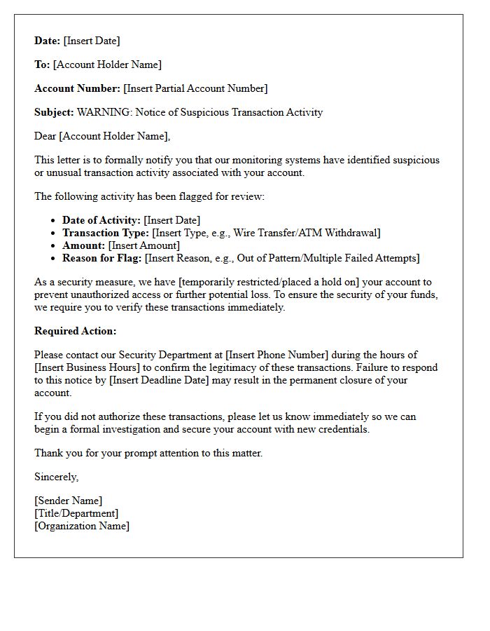 Warning Letter for Suspicious Transaction Account Activity