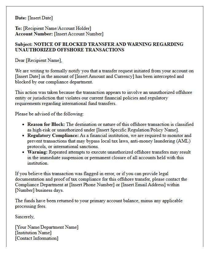 Blocked Transfer Warning Letter For Unauthorized Offshore Transactions