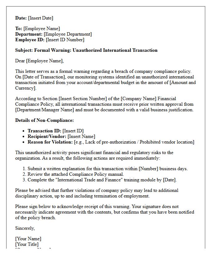 Compliance Policy Warning Letter For Unauthorized International Transactions
