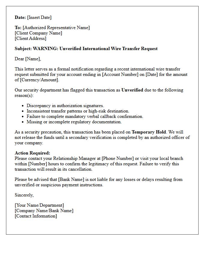Corporate Client Warning Letter For Unverified International Wire Transactions