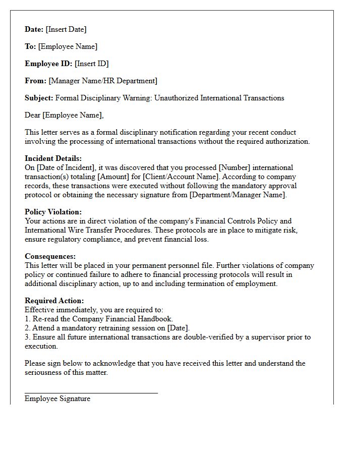 Employee Disciplinary Letter For Processing Unauthorized International Transactions