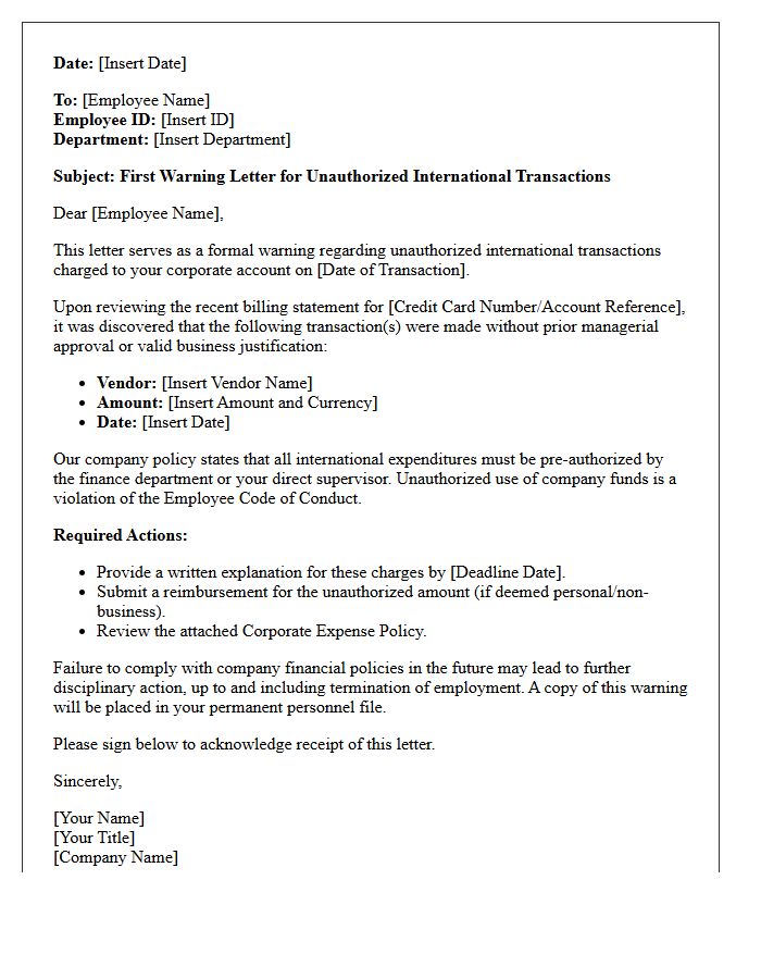 First Warning Letter For Unauthorized International Transactions