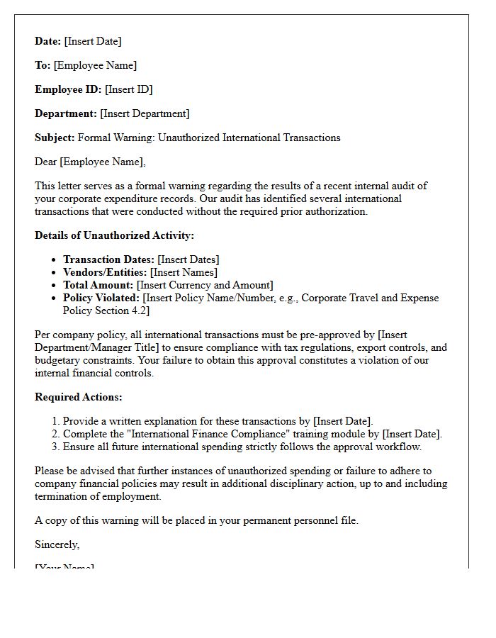 Internal Audit Warning Letter Regarding Unauthorized International Transactions