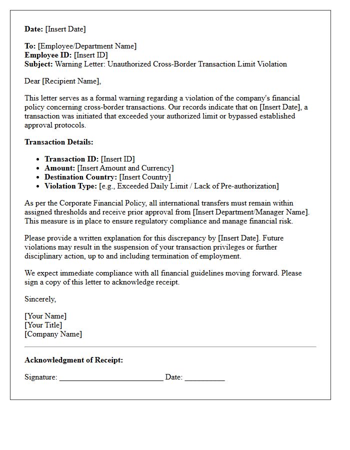 Limit Violation Warning Letter For Unauthorized Cross-Border Transactions