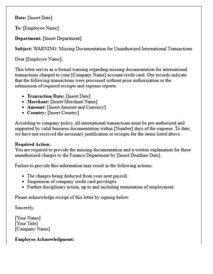 Missing Documentation Warning Letter For Unauthorized International Transactions